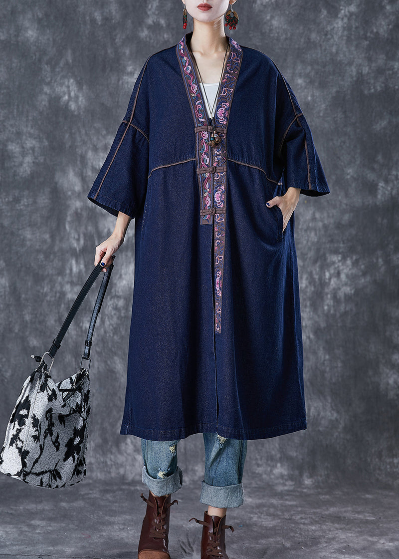Navy Embroideried Chinese Button Denim Trench Fall
