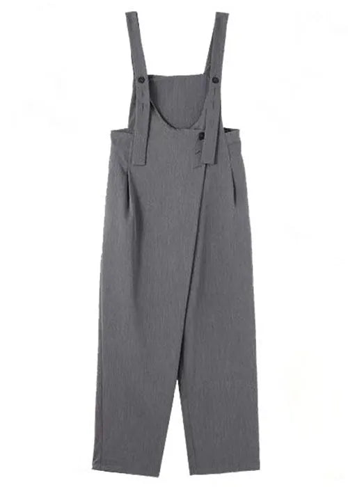 Grey Pockets High Waist Patchwork Cotton Jumpsuits Fall
