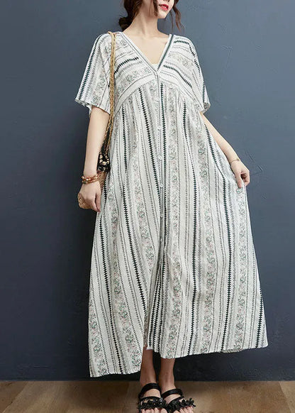 White Button V Neck Cotton Loose Dress Short Sleeve