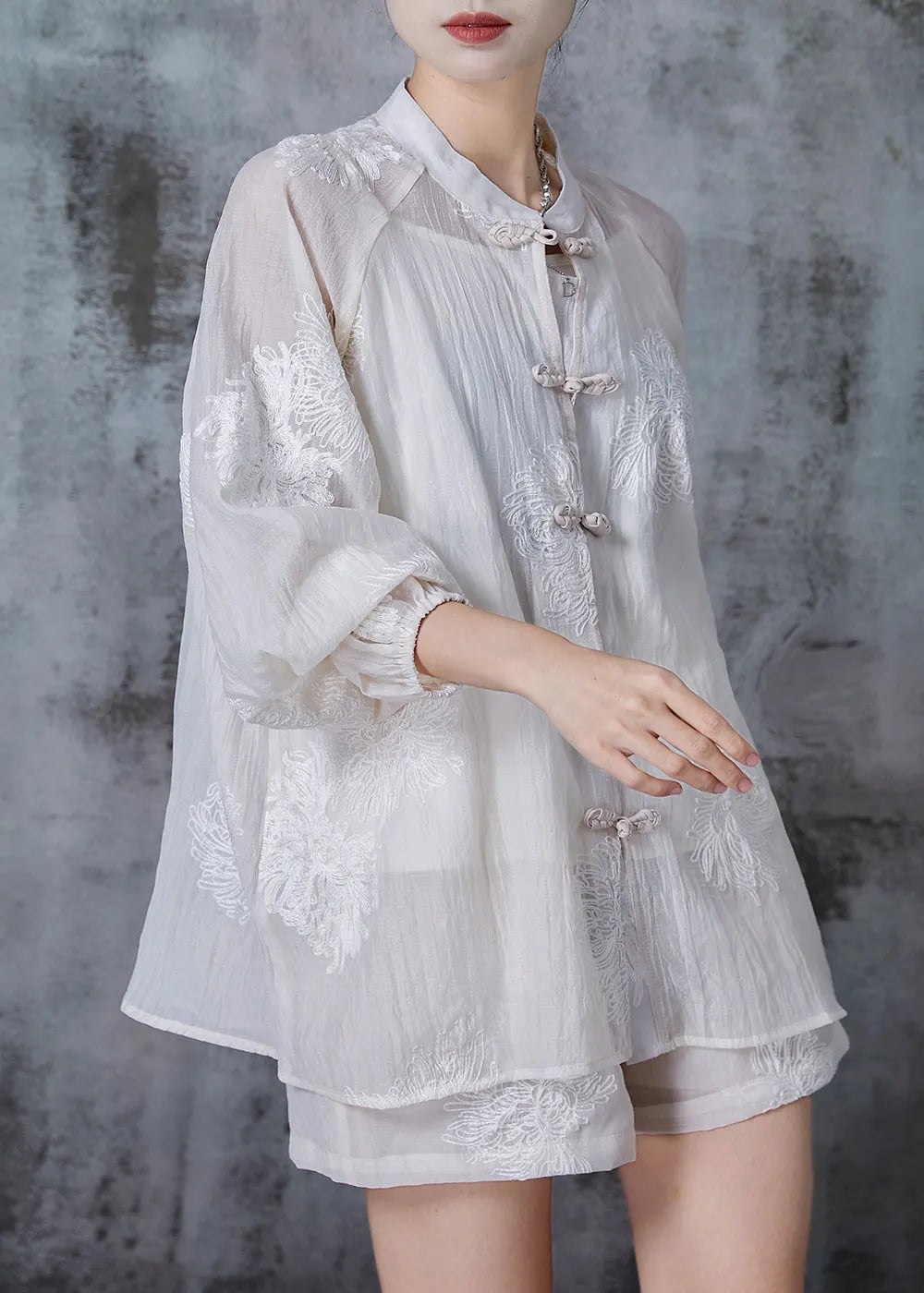 White Embroidered Chinese Button Chiffon Two Piece Set Summer