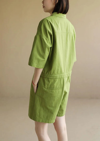 French Green Button Peter Pan Collar Pocket Cotton Jumpsuit Half Sleeve