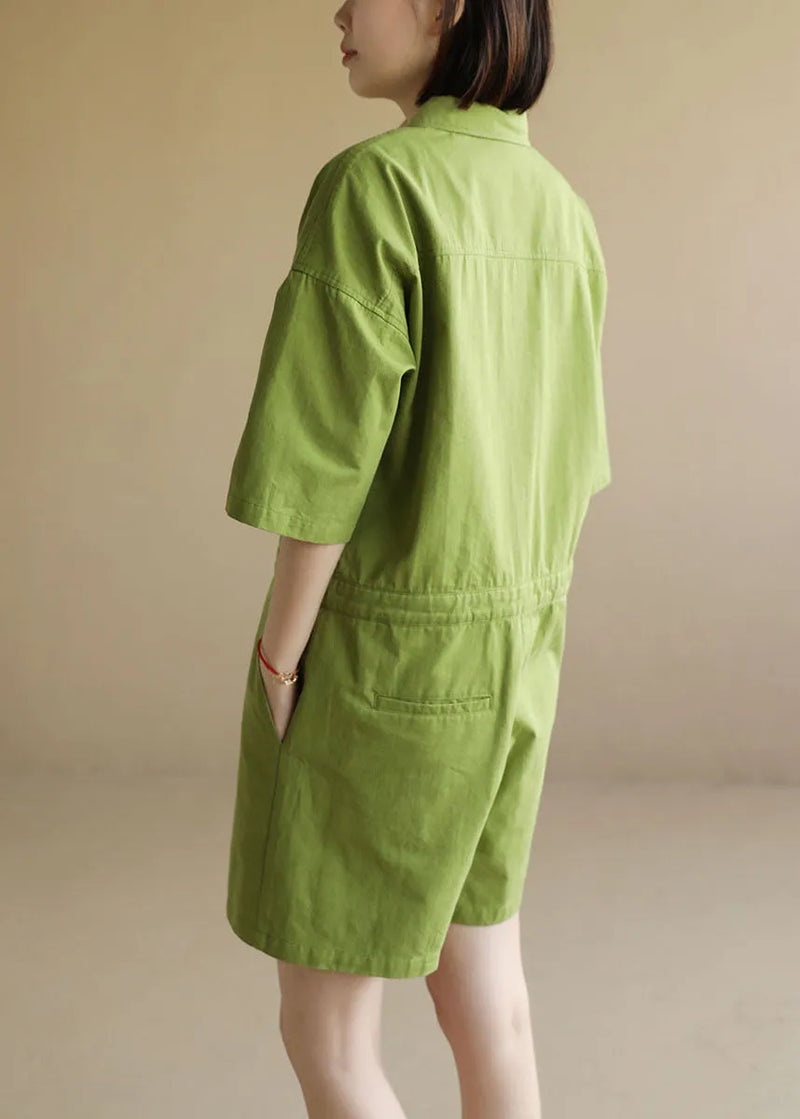 French Green Button Peter Pan Collar Pocket Cotton Jumpsuit Half Sleeve
