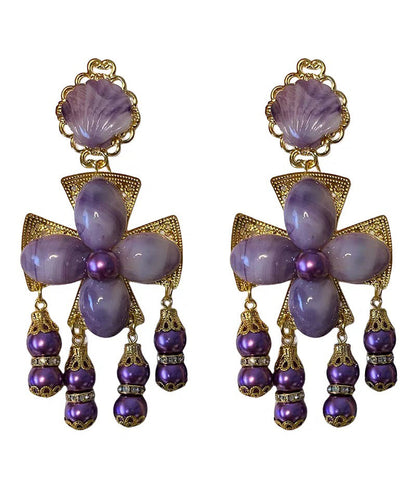 Gradient Color Purple Sterling Silver Overgild Shell Tassel Drop Earrings