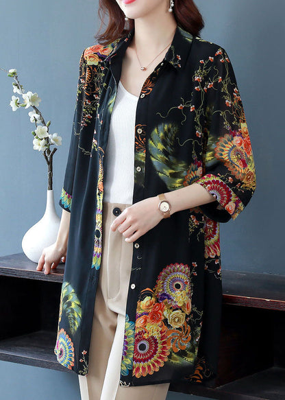Black Peter Pan Collar Print Button Chiffon Long Blouse Top Bracelet Sleeve