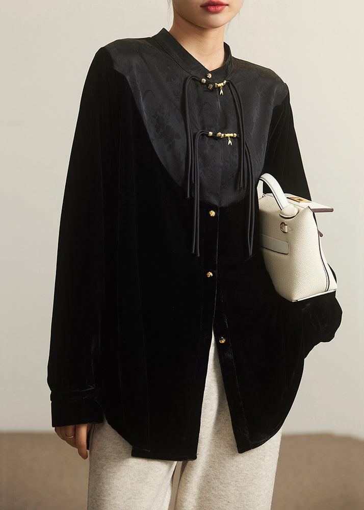 Loose Black Stand Collar Button Patchwork Silk Velour Top Long Sleeve Spring