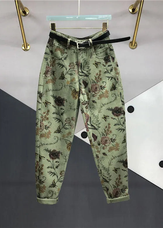 Apricot Print High Waist Sashes Pockets Beam Jeans