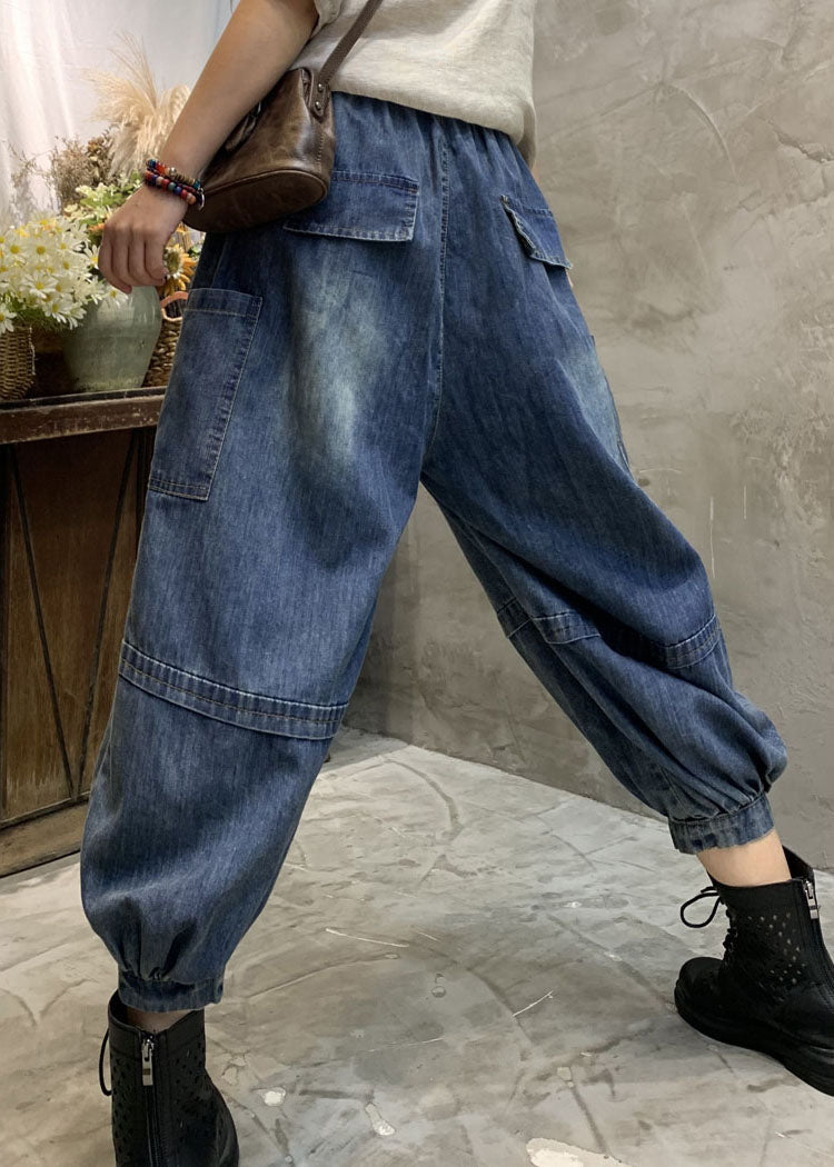 Blue Pockets Denim Lantern Pants Spring