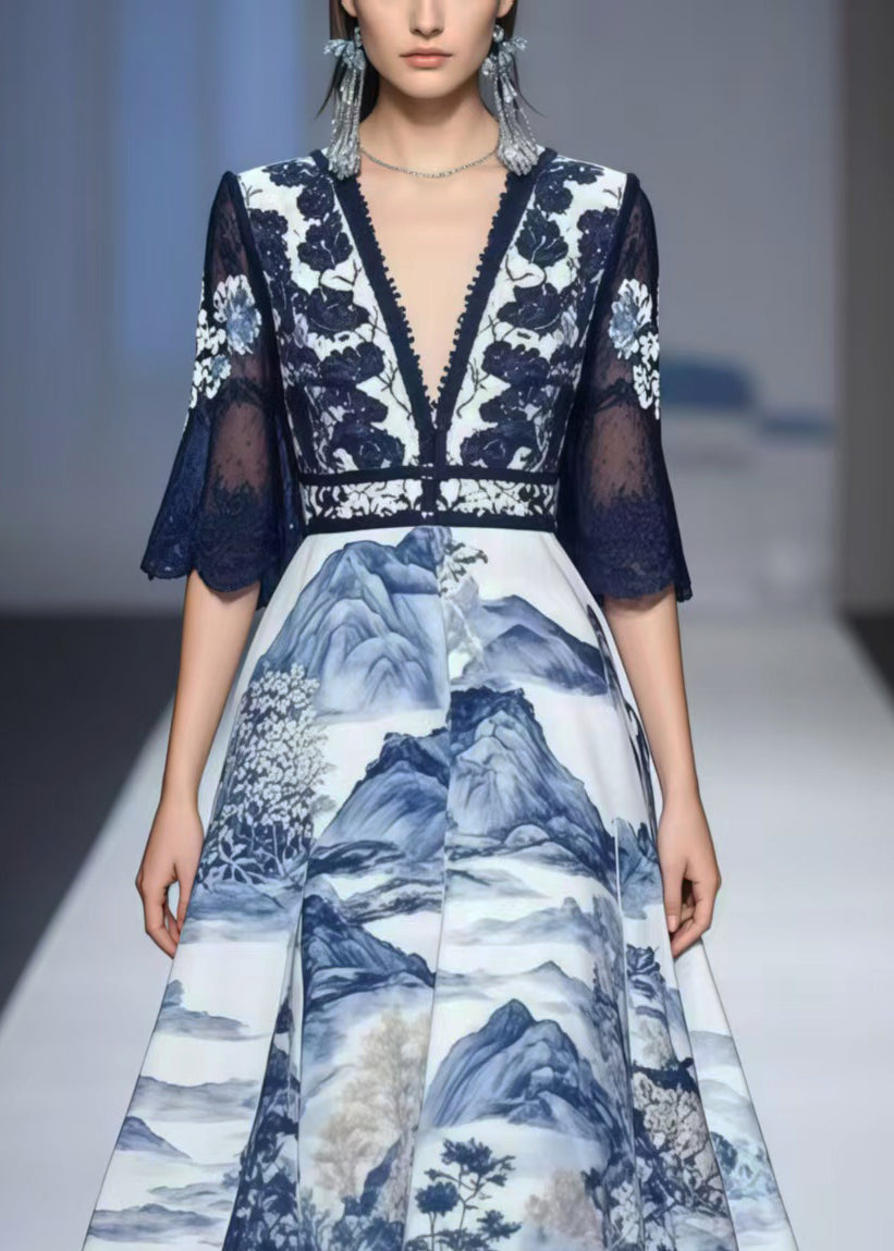 Navy Print Exra Large Hem Chiffon Vestidos Dress Summer