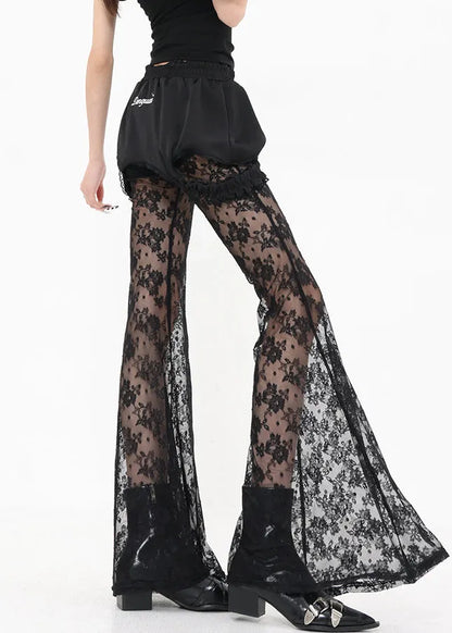 Black False Two Pieces Patchwork Lace Flared Trousers Summer