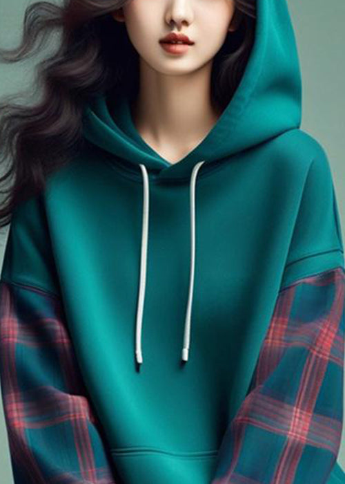 Blue Hooded Plaid Patchwork Cotton Sweatshirts Fall