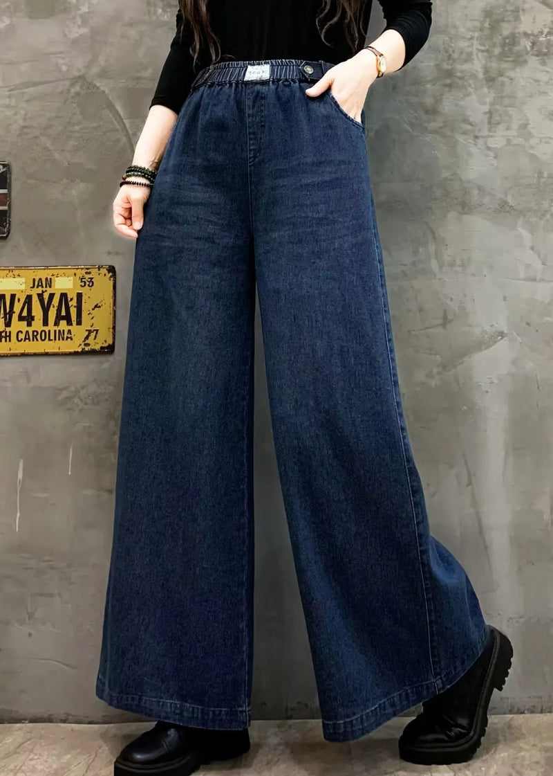 Blue Pockets Denim Wide Leg Pants Elastic Waist Fall