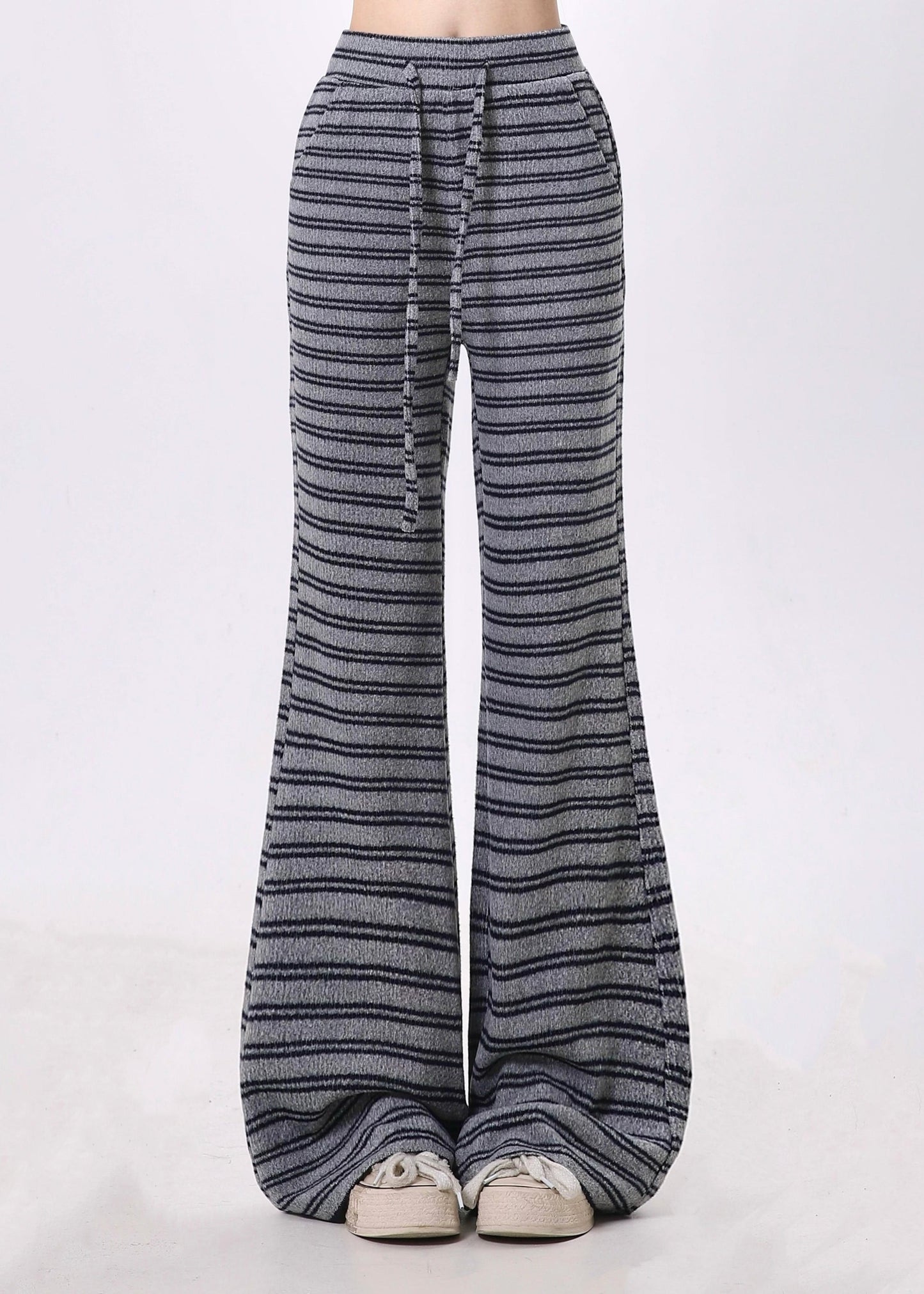 Grey Striped Cotton Bell-bottom Trousers Spring