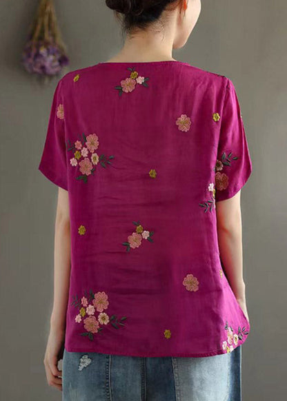 Rose O-neck Embroideried Button Side Open Linen Shirt Short Sleeve