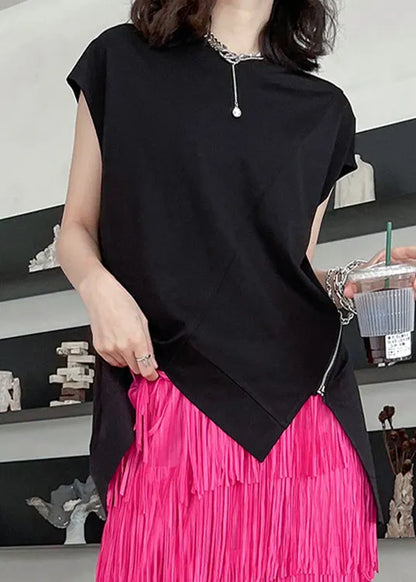 Modern Black O-neck Asymmetrical Patchwork Cotton T Shirt Summer