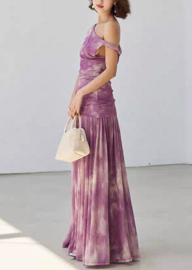 Purple Tie Dye Wrinkled Tulle Two Pieces Set Sleeveless