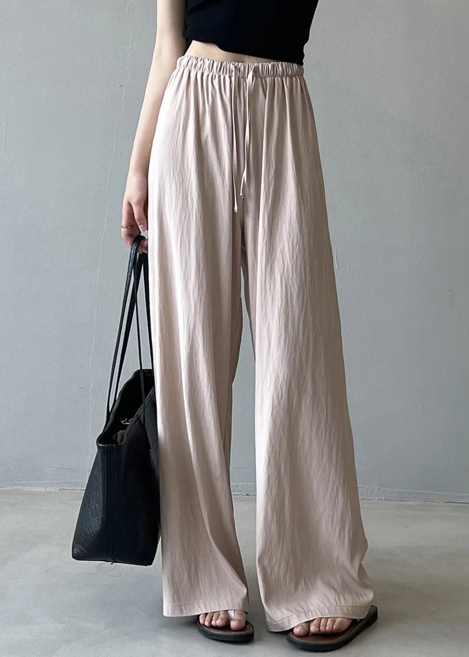 Beige Drawstring Draping Cotton Straight Pants Fall