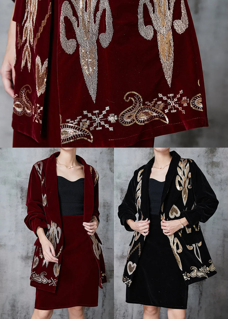 French Black Sequins Silk Velour Two Pieces Set Spring
