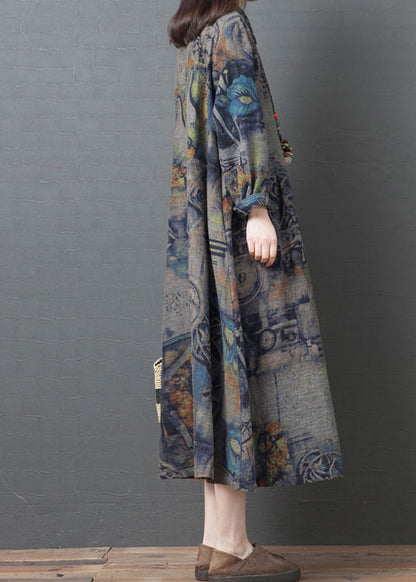 Blue Peter Pan Collar Pockets Print Cotton Party Dress Long Sleeve