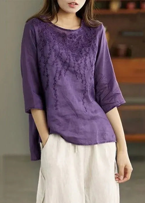 Black O Neck Embroideried Patchwork Linen T Shirt Summer