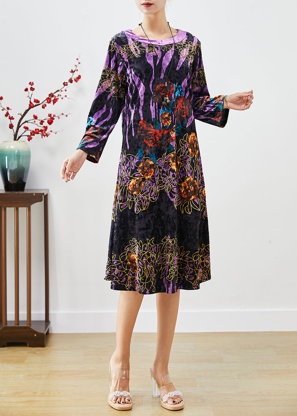 Black Print Silk Velour Mid Dress O-neck Fall