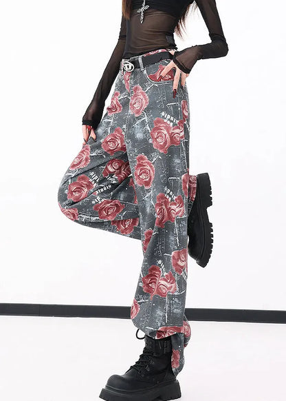 Red Pockets Print Denim Wide Leg Pants Fall