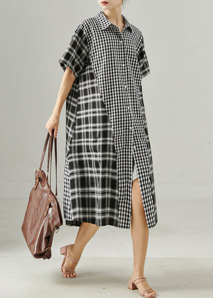 Grey Oversized Patchwork Plaid Linen Robe Dresses Summer