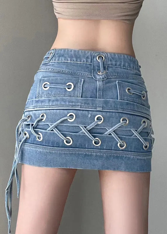 Slim Fit Blue Lace Up High Waistpatchwork Denim Skirts Summer
