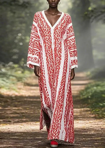 Original Red Print Loose Ankle Dress V Neck Spring