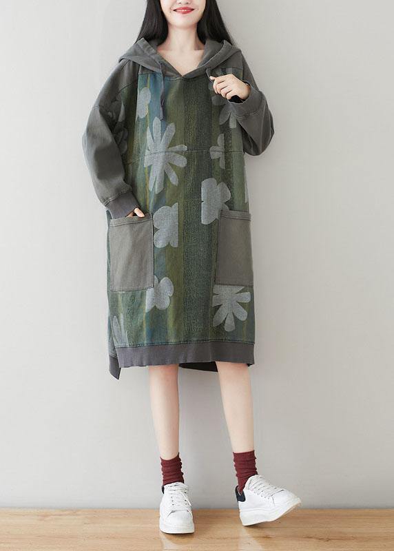 Unique Grey Hooded Pockets Patchwork Print Spring Sweatshirt Dress