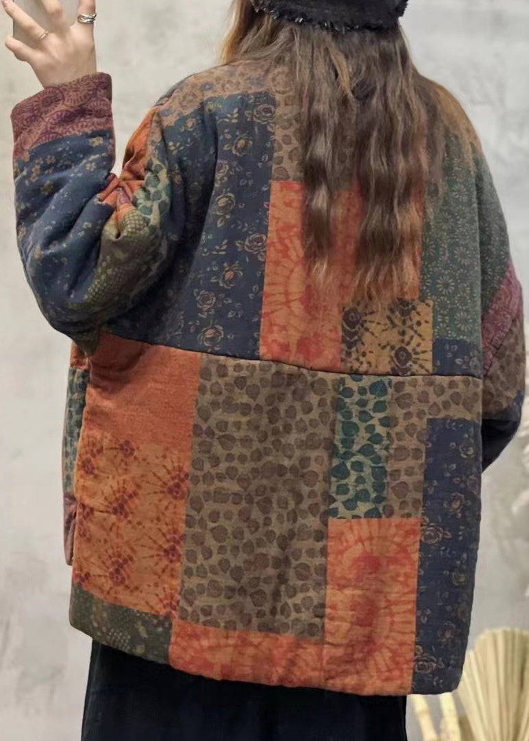 Orange V Neck Pockets Patchwork Fine Cotton Filled Jackets Winter