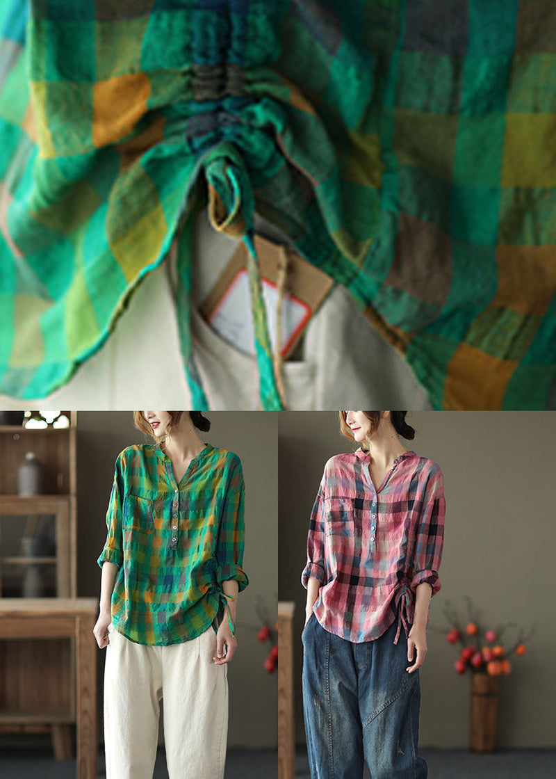 French Pink Retro Plaid Button Fall Shirts Long Sleeve