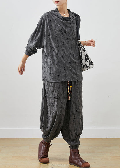 Grey Turtle Neck Cotton Ripped Two Pieces Set Spring