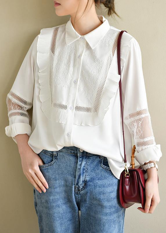 Handmade Patchwork White Long Sleeve Top Ruffles