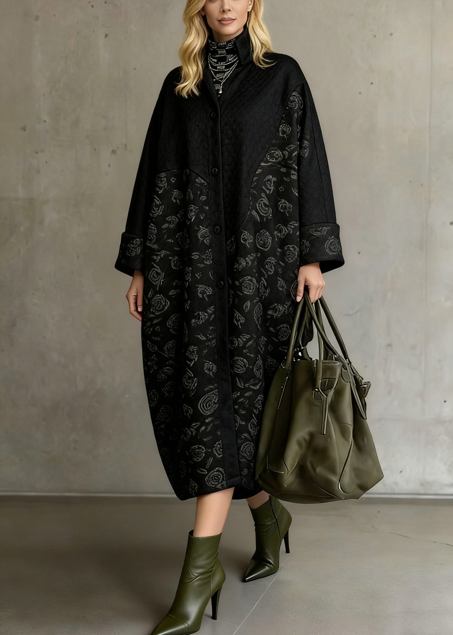 Loose Red Stand Collar Print Pockets Warm Fleece Long Coats