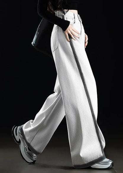 Grey White Pockets Patchwork Denim Wide Leg Pants Spring