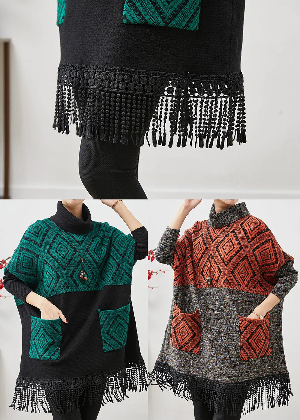 Peacock Green Tasseled Patchwork Knit Mid Dress Spring
