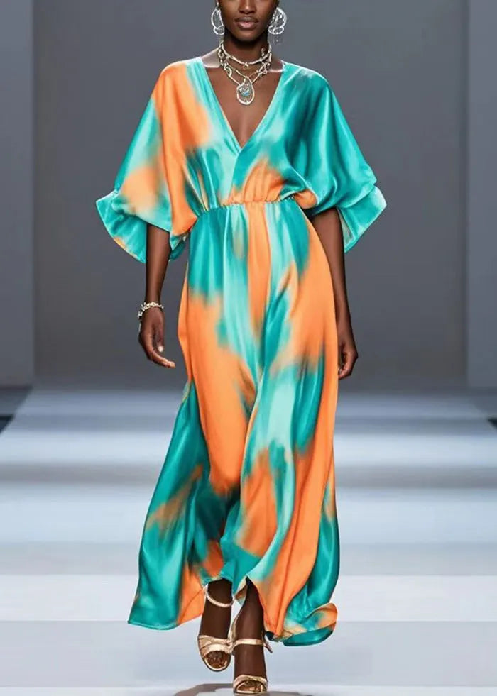 Organic Green V Neck Tie Dye Silk Dress Batwing Sleeve Summer