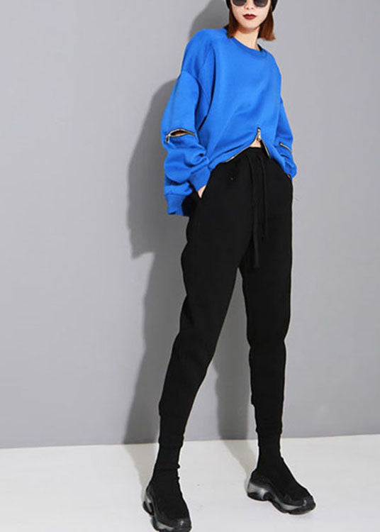 Art Blue O-neck Zippered Loose Fall Pullover Street Wear