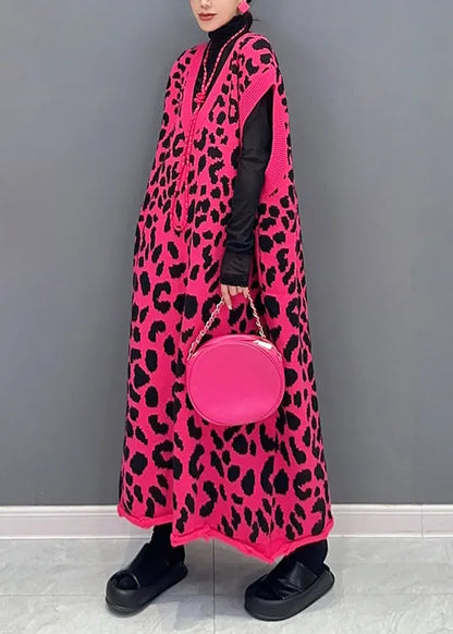 Rose Leopard V Neck Cotton Knit Waistcoat Long Dresses Sleeveless