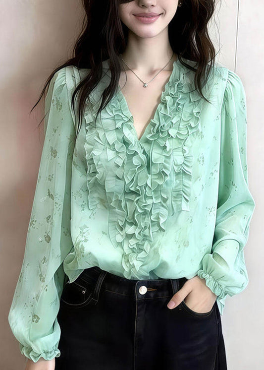 Art Green Ruffled Print Chiffon Blouses Spring