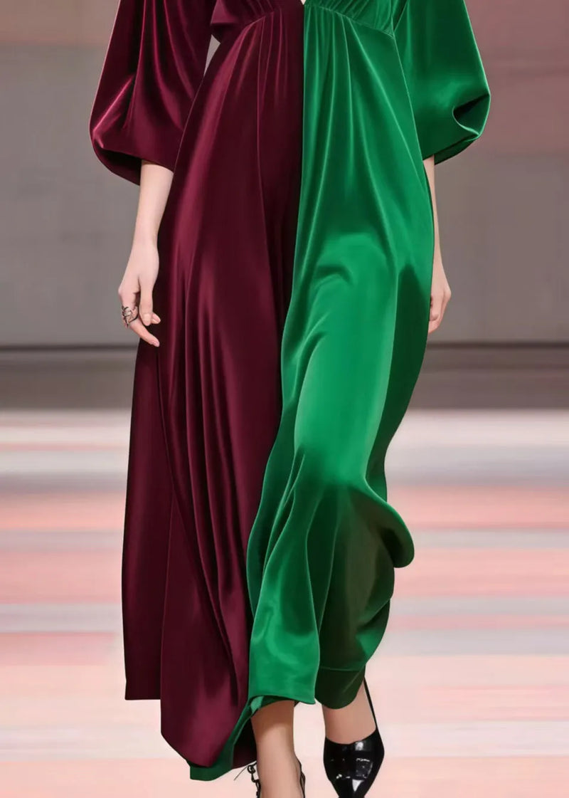 Classy Colorblock V Neck Patchwork Silk Dress Bracelet Sleeve