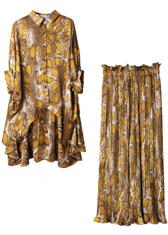 Unique Yellow Print Batwing Sleeve Asymmetrical Design Top Wide Leg Two Pieces Set