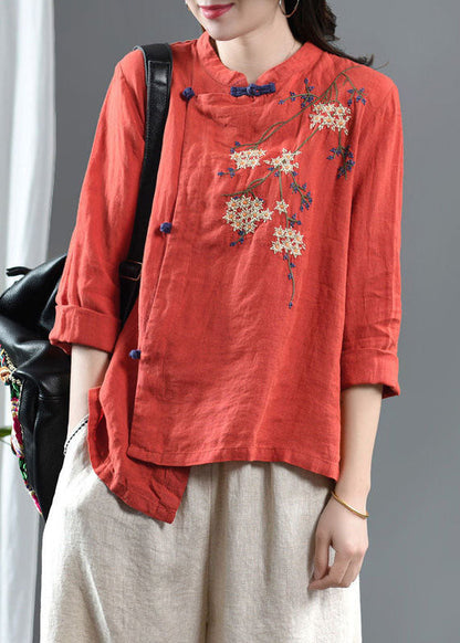 Loose Orange Embroideried Linen Top Half Sleeve