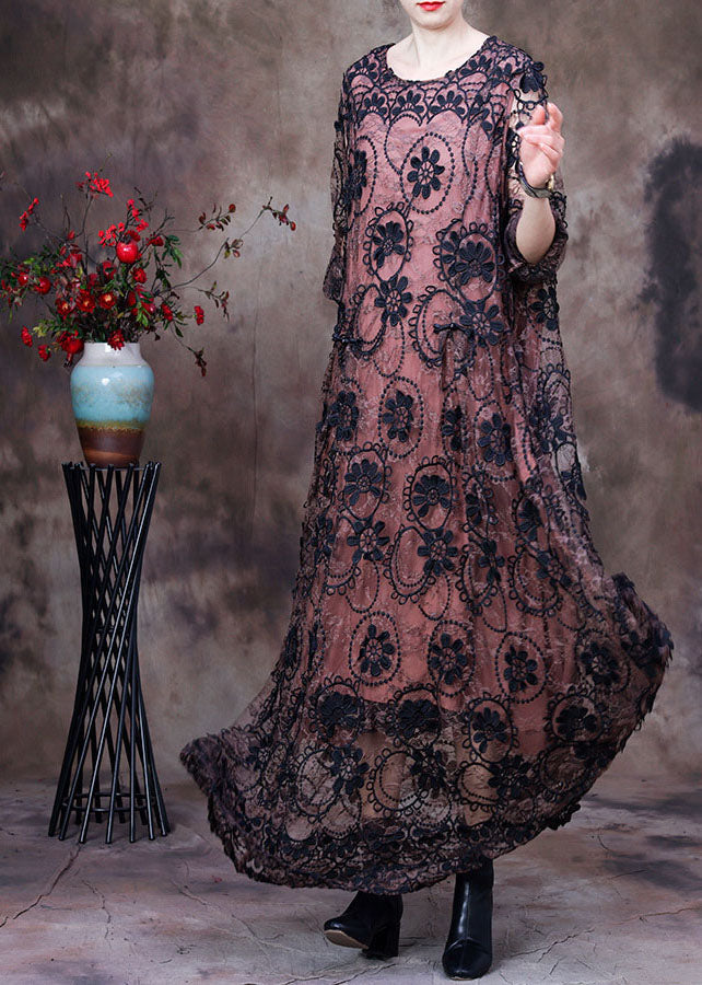 Pink O-neck Embroideried Lace Holiday Long Dress Long Sleeve