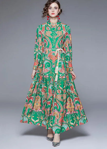 Diy Green Stand Collar Print Wrinkled Sashes Chiffon Holiday Dress Fall