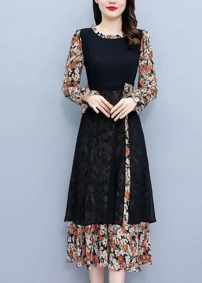 Colorblock O-neck Patchwork Print Chiffon Dresses Fall