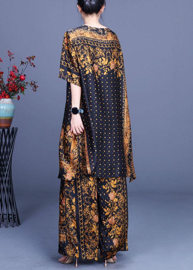 French Black Yellow Print Silk Wide Leg Two Pieces Set