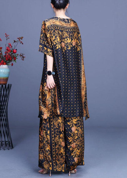 French Black Yellow Print Silk Wide Leg Two Pieces Set