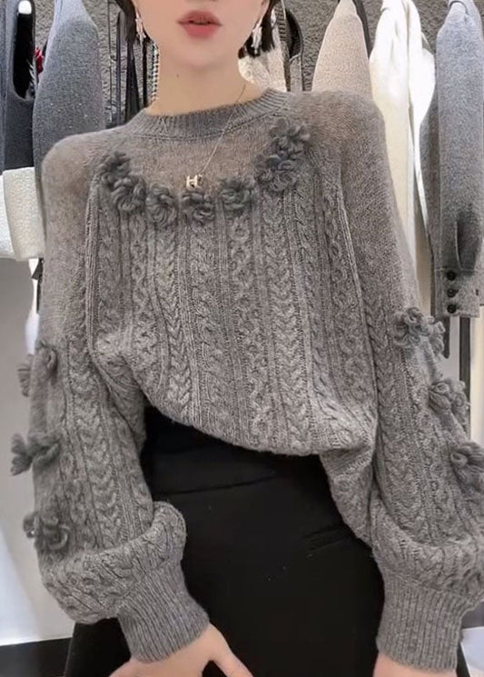 Art Grey O-neck Cable Knit Sweater Winter