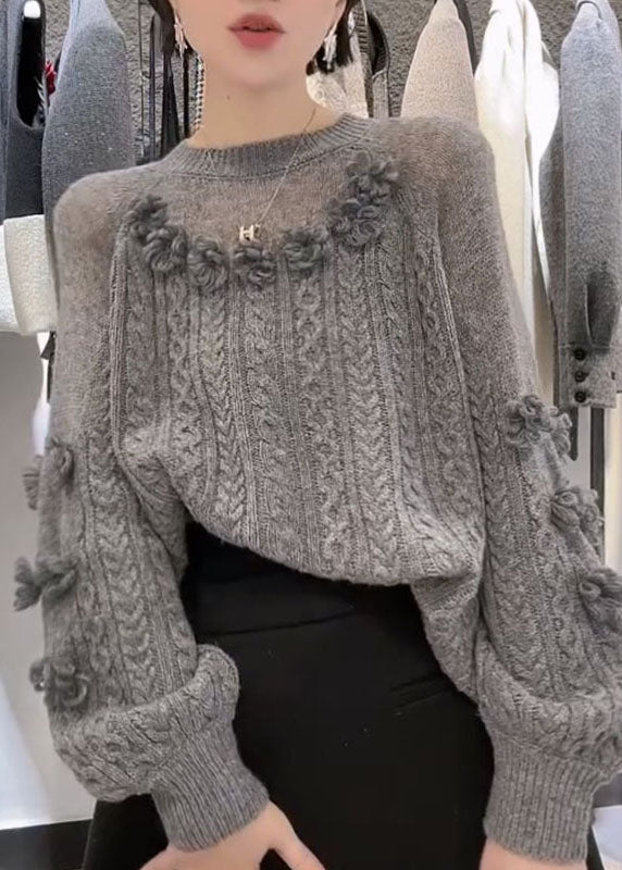 Art Grey O-neck Cable Knit Sweater Winter